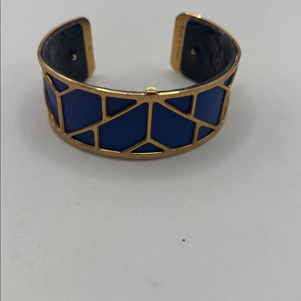 Les Georgettes Solaire gold-finish cuff bracelet Capri blue leather insert Euro - Picture 7 of 8
